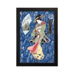 Japanese woman in colorful kimono with calligraphy background, vintage art style hung on the wall