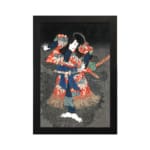Japanese figure in bold red and blue kimono striking a dramatic pose against a dark vintage-style background. hung on the wall