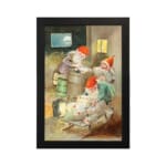 Infidu vintage wall art featuring a hand-painted cozy gnome scene with warm rustic colors, a glowing lantern, and a peaceful night sky view. hung on the wall on a white background