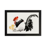 Infidu vintage wall art featuring a traditional-style rooster with two little chicks, set against a white background with bold black, white, red, and yellow tones. hung on the wall on a white background
