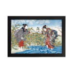 Infidu vintage wall art depicting a traditional Japanese scene with two women in detailed kimonos, a flowing blue river, and blooming trees in soft, earthy tones. hung on the wall on a white background