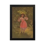 Infidu vintage wall art depicting a young girl in a pink dress holding a large green leaf over her head, set in a nostalgic outdoor scene with warm earthy tones. hung on the wall on a white background
