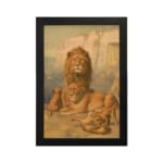 Vintage wall art of a majestic lion family in a natural setting with warm earthy tones, including a lion, lioness, and cubs in a savannah backdrop. hung on the wall