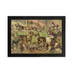 Vintage dog show art with various breeds in a classic exhibition setting, featuring warm earthy tones and nostalgic charm. hung on the wall