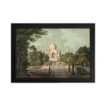 Infidu vintage wall art featuring the Taj Mahal with earthy tones of green, beige, and brown, framed by lush trees and a long pathway leading to the monument. hung on the wall on a white background