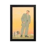 Vintage art of a man in a green suit standing with a bulldog against a warm orange and yellow background. hung on the wall