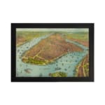 Vintage aerial view of a historic waterfront city with detailed buildings, boats, and earthy tones. hung on the wall