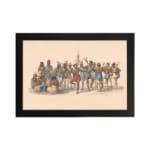 Vintage art of Indigenous people in traditional attire, gathered in a ceremonial scene with earthy colors and historical charm. hung on the wall on a white background