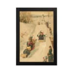 Vintage wall art of a nostalgic winter sledding scene with people in traditional winter clothing on a snowy slope, surrounded by trees. hung on the wall
