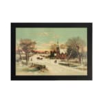Vintage winter village wall art with snow-covered houses, a church, horse-drawn carriages, and a soft pastel sky for a nostalgic feel. hung on the wall