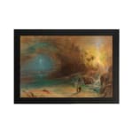 Vintage wall art of a mysterious coastal scene with glowing light, stormy sky, cliffs, and a lone figure walking along the shore. hung on the wall