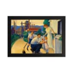 Vintage wall art of a loving early 20th-century family scene with warm colors, depicting a father, mother, and child in a nostalgic setting. hung on the wall