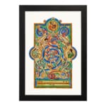 Vintage Celtic wall art with intricate medieval patterns in blue, green, gold, and red, featuring swirling shapes and mythical elements. hung on the wall