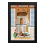 Vintage architectural wall art with historic figures, blue and gold tones, and a black frame for a classic and elegant look. hung on the wall