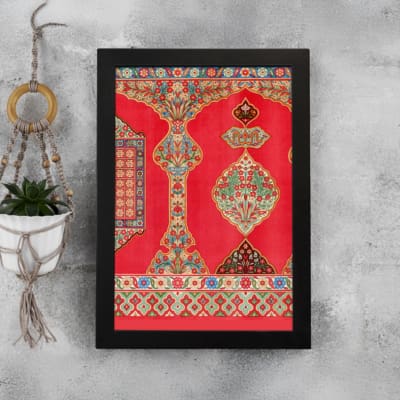 Vintage wall art with intricate red and gold patterns, floral and geometric designs, and a black frame for a timeless, decorative appeal. displayed on the wall