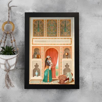 Vintage wall art with a Middle Eastern scene featuring a woman in a flowing outfit, ornate arches, and detailed architecture in warm and vibrant tones. displayed on the wall
