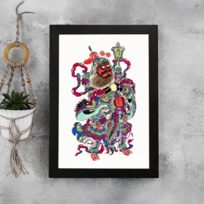 Vintage Chinese warrior art with bold red, blue, and gold colors, intricate armor, and a strong traditional design on a white background. displayed on the wall in a black frame