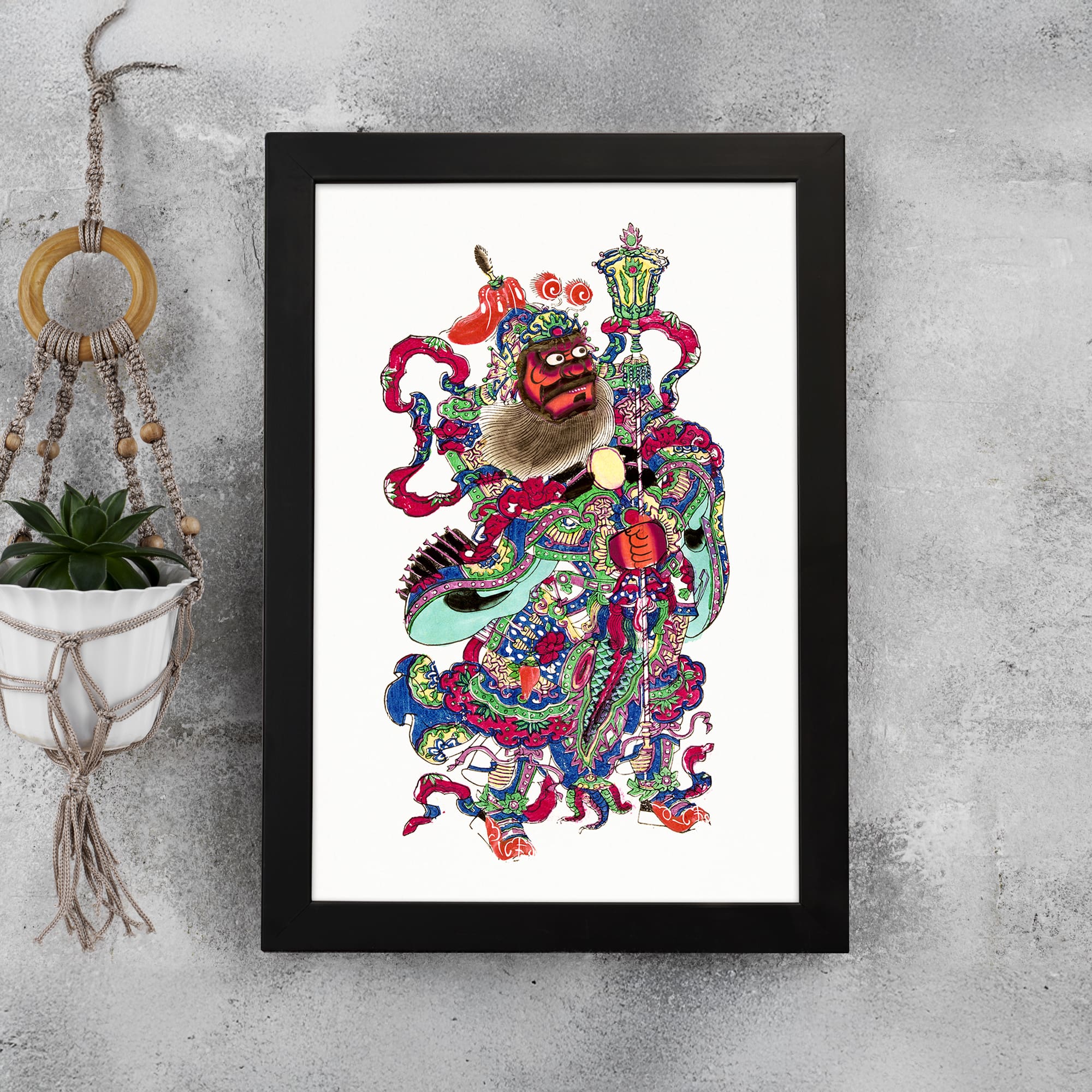 Vintage Chinese warrior art with bold red, blue, and gold colors, intricate armor, and a strong traditional design on a white background. displayed on the wall in a black frame