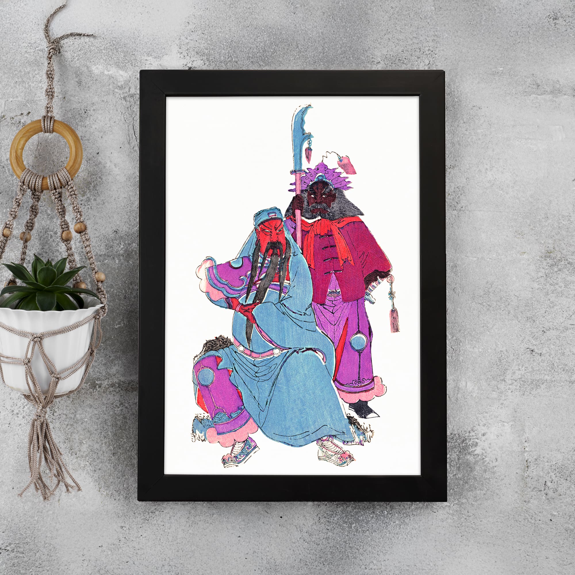 Vintage Chinese opera wall art featuring two performers in elaborate costumes with bold colors and intricate details on a plain white background. displayed on the wall in a black frame