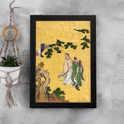 Vintage Asian wall art with two figures in traditional robes under a pine tree, set against a golden background with delicate brushwork. displayed on the wall