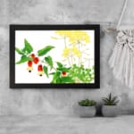 Vintage floral wall art featuring red and yellow flowers with green leaves on a white background, framed in black for a classic and elegant look. displayed on the wall