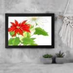 Vintage floral wall art with red and white flowers, green leaves, and a black frame on a white background. displayed on the wall