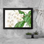 Vintage floral wall art with soft white flowers and green leaves on a white background, framed in black for a classic and elegant touch. displayed on the wall