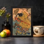 Infidu vintage wall art featuring a traditional Japanese figure in intricate, colorful attire holding a fan, with soft beige tones and flowing blue waves in the background. displayed on the wall art in a black frame