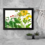 Infidu Vintage Floral Wall Art with yellow, red, and white flowers, green leaves, and a black frame on a white background. displayed on the wall