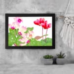 Infidu Vintage Floral Wall Art with pink and red flowers, green leaves, and a white background in a classic vintage design. displayed on the wall in a black frame