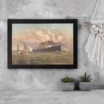 Vintage maritime wall art featuring a large ship, lighthouse, and sailboats on the ocean with a classic nautical theme and elegant black frame. displayed on the wall