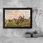 Vintage wall art with a horse-drawn carriage, people, green fields, and a soft blue sky. A historical countryside scene framed in black. displayed on the wall