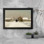 Vintage winter wall art with a snowy village, stone houses, and a black horse-drawn carriage on a snow-covered road, framed in black. displayed on the wall