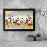 Vintage Japanese wall art with geishas in a tea ceremony, featuring red, white, black, and green tones in a serene outdoor setting with a black frame. displayed on the wall