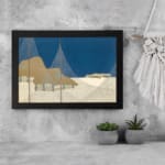Vintage abstract wall art with a minimalist landscape design, featuring deep blue, beige, and brown tones in geometric shapes with a black frame. displayed on the wall