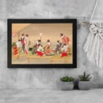 Vintage Japanese wall art with elegantly dressed kimono women in red, white, and beige tones, set in a calm scene with a soft beige background. displayed on the wall