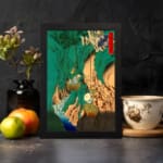 Vintage Asian-style mountain wall art with bold green hills, waterfalls, trees, and traditional red stamp. displayed on the wall in a black frame