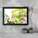 Vintage floral wall art with green leaves and hanging pink flowers on a white background, framed in black for a classic and elegant look. displayed on the wall