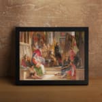 Vintage wall art of a classic indoor gathering with richly dressed people in a studio or royal court setting. displayed on the wall in a black frame