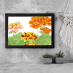 Infidu vintage wall art with orange, yellow, and pink flowers, and green leaves on a white background, framed in black for a timeless and elegant look. displayed on the wall