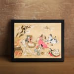 Traditional Asian garden scene with people in colorful robes sitting among trees and flowers on a beige background. displayed on the wall in a black frame