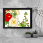 Infidu vintage wall art with red, white, and yellow flowers, green leaves, and a black frame on a white background for a timeless botanical look. displayed on the wall art in a black frame