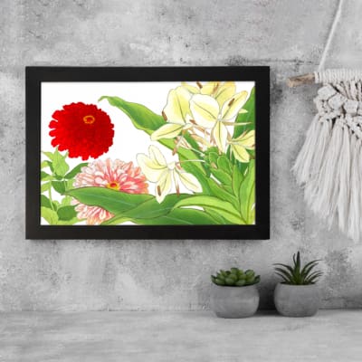 Infidu vintage wall art with red, pink, and yellow flowers, green leaves, and a black frame on a white background for a timeless botanical look. displayed on the wall art in a black frame