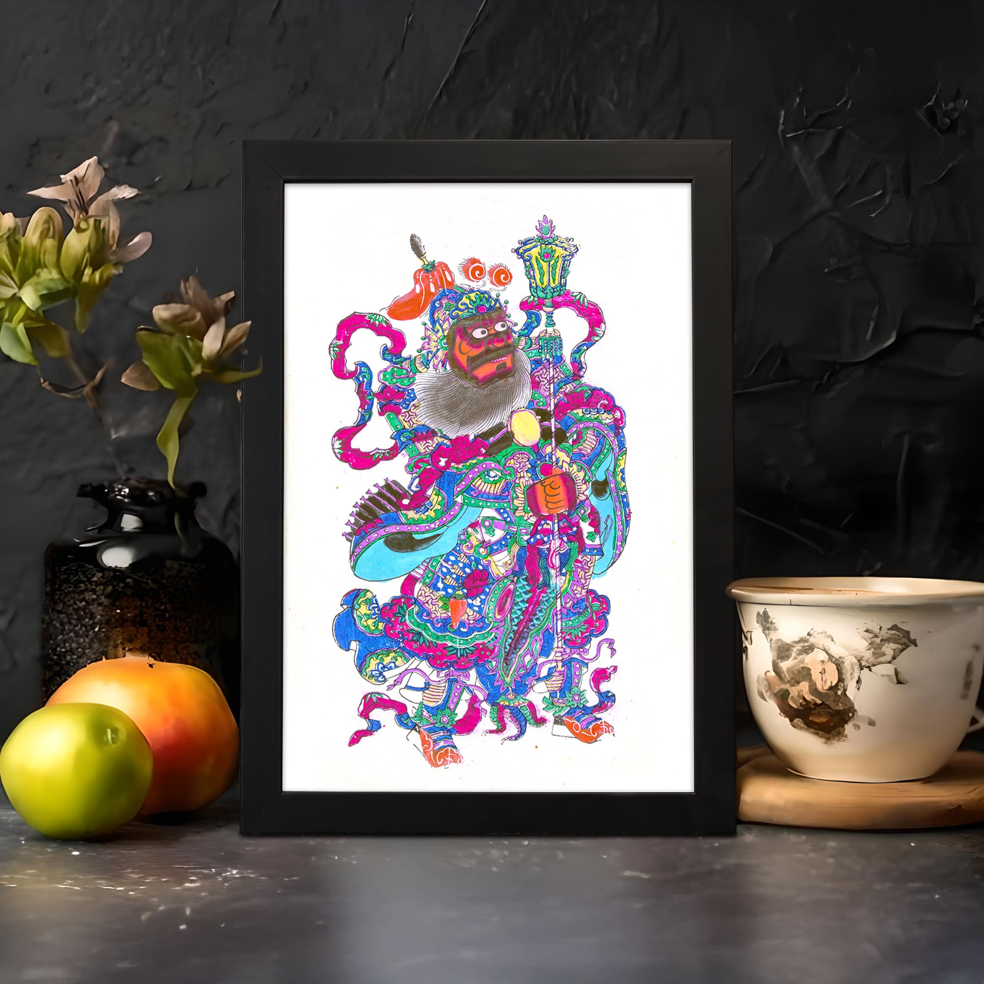 Vintage wall art of a colorful warrior in traditional attire, holding a staff with swirling details, framed in black. displayed on the wall
