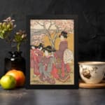 Japanese women in traditional kimonos standing under cherry blossom trees in a serene vintage-style outdoor setting. displayed on the wall in a black frame