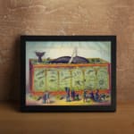 Vintage wall art of a whale exhibition featuring a large whale in a glass enclosure with spectators in classic attire and a nostalgic setting. displayed on the wall in a black frame