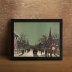 Infidu vintage wall art featuring a winter city scene with snowy streets, people walking, horse-drawn carriages, and warm golden lights from historic buildings, creating a cozy, old-fashioned atmosphere. displayed on the wall art in a black frame