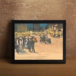 Infidu vintage wall art depicting a bustling city street scene with early 20th-century charm, featuring elegantly dressed people, vintage cars, and glowing city lights against tall buildings. displayed on the wall art in a black frame