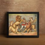 Vintage wall art of lion tamer in red outfit with multiple circus lions in dynamic poses inside a cage. displayed on the wall in a black frame