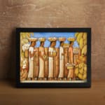 Infidu vintage wall art featuring a group of women in traditional clothing carrying baskets, set against a tropical backdrop with banana trees and a bright blue sky. displayed on the wall art in a black frame